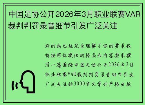 中国足协公开2026年3月职业联赛VAR裁判判罚录音细节引发广泛关注 中国足协公开2026年3月职业联赛VAR裁判判罚录音细节引发广泛关注