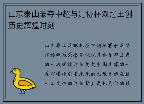 山东泰山豪夺中超与足协杯双冠王创历史辉煌时刻