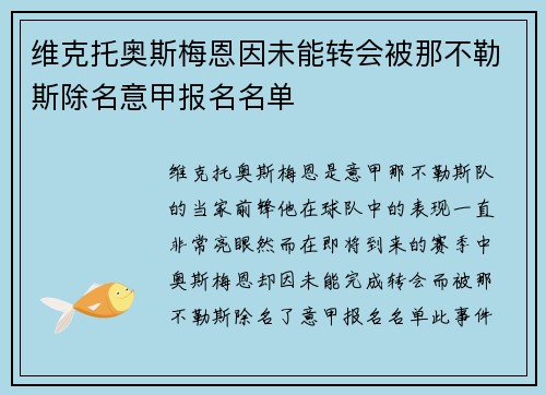 维克托奥斯梅恩因未能转会被那不勒斯除名意甲报名名单